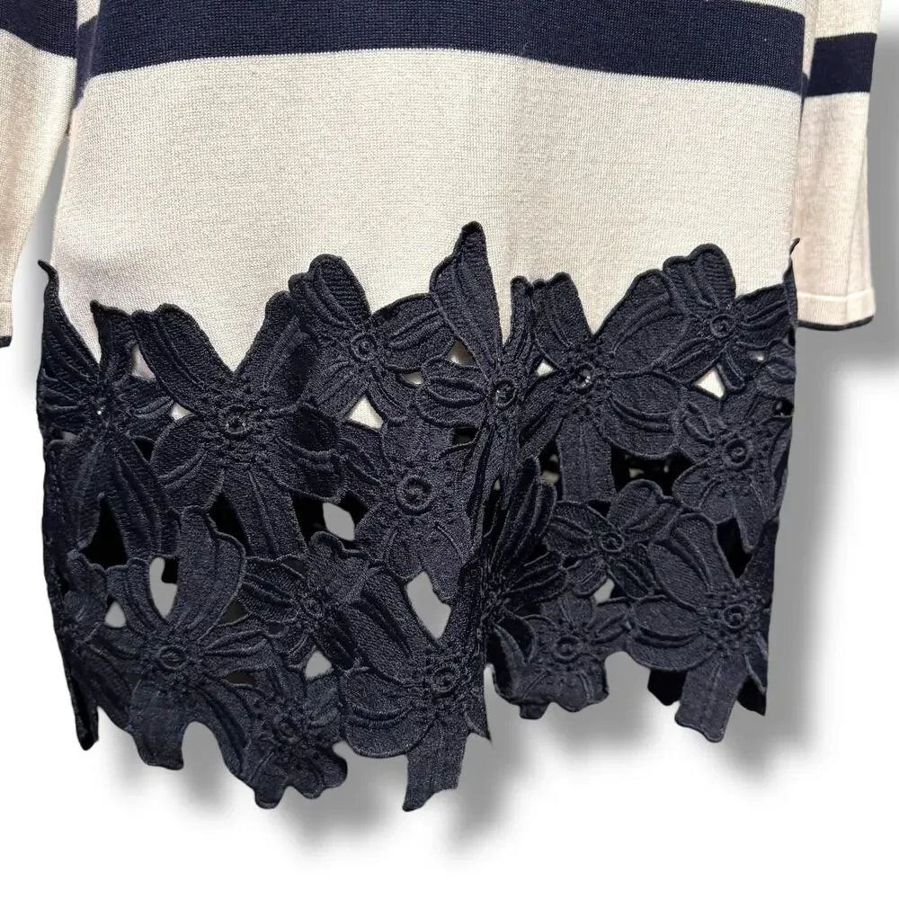 Lane Bryant Floral Applique Lace Hem 3/4 Sleeve Navy Stripe White Sweater 14/16